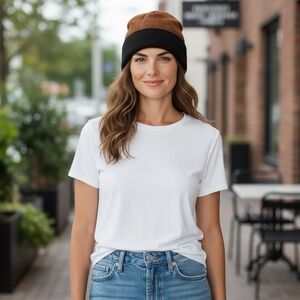 Women’s Genuine Leather Fur Beanie Winter Hat Brown Black Excellent One Size